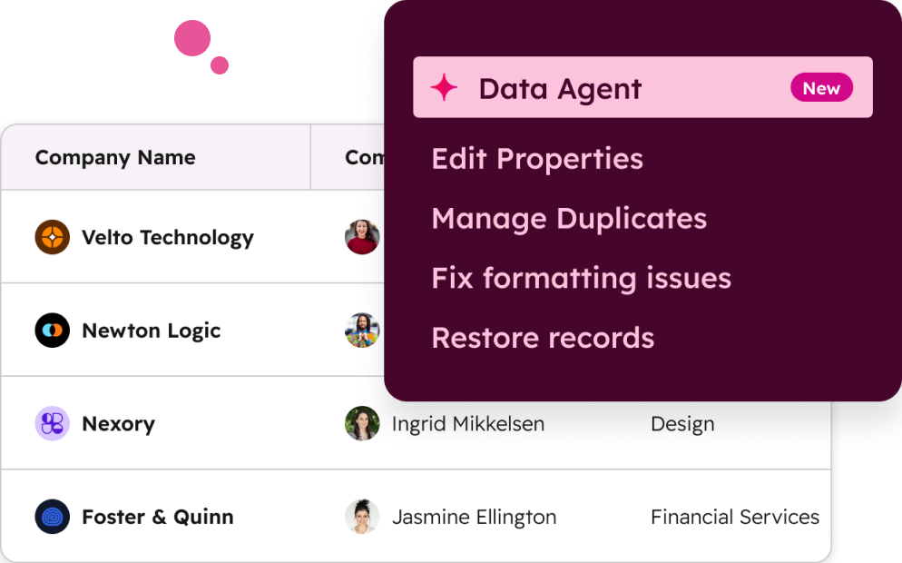 Data Agent HubSpot proposant de gérer les doublons, corriger le formatage et restaurer des fiches