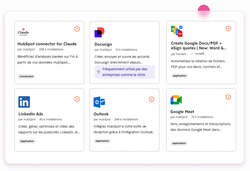 Applications de la marketplace HubSpot : Claude, Docusign, Google Docs, LinkedIn Ads, Outlook, Google Meet