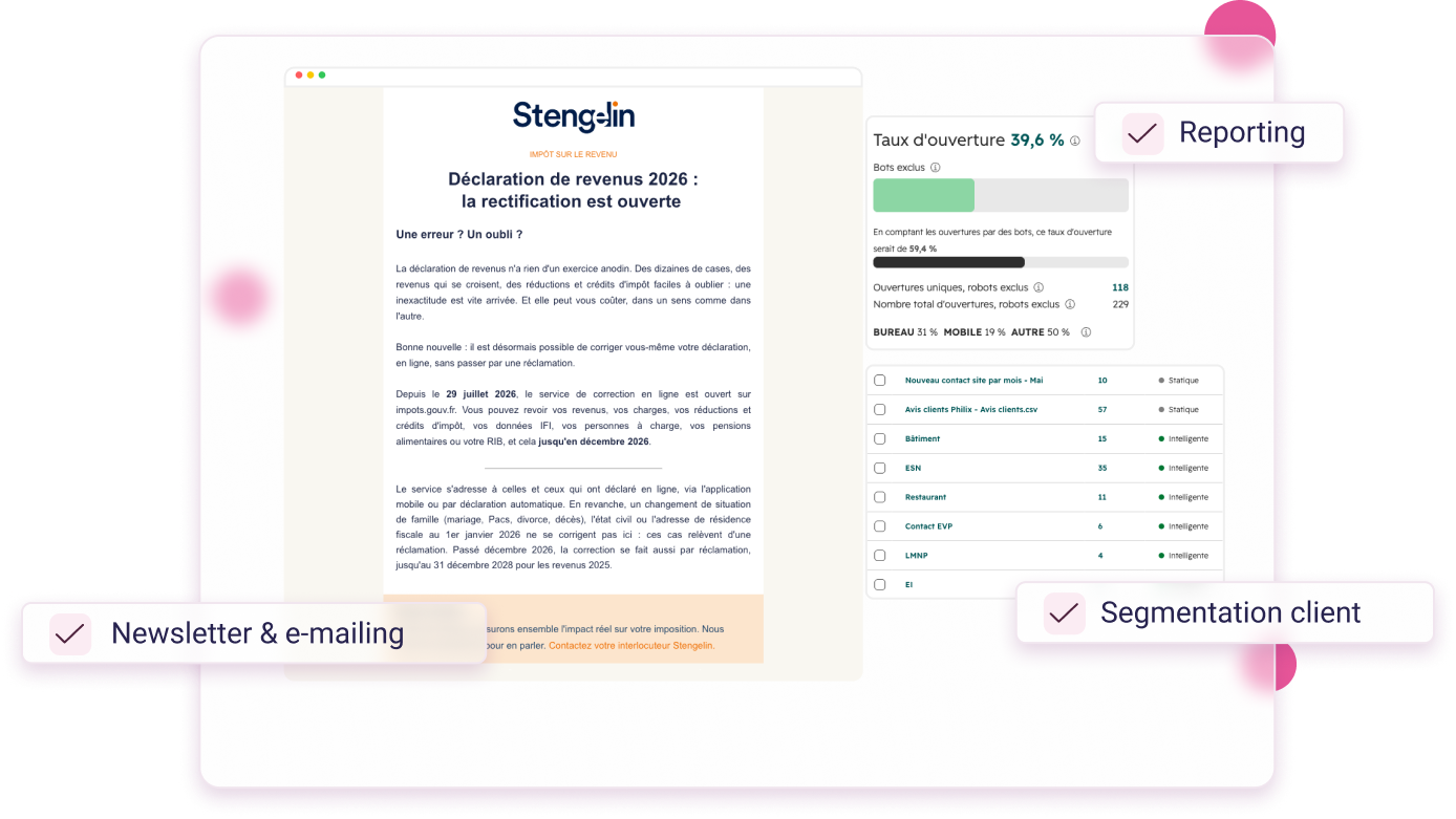 Newsletter envoyée depuis HubSpot, avec son taux d’ouverture et la segmentation client