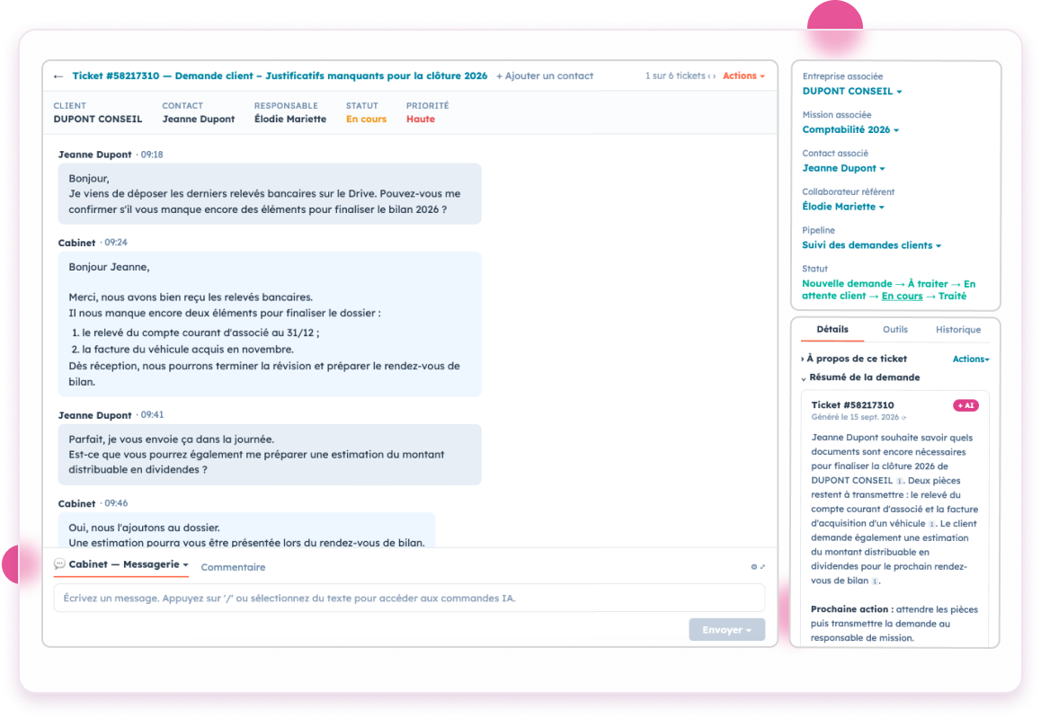 Échanges avec un client centralisés sur sa fiche HubSpot