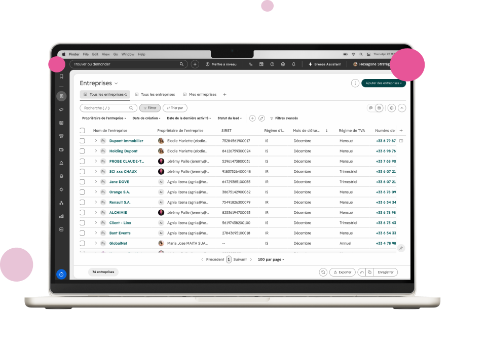 Liste des entreprises d’un cabinet dans HubSpot, affichée sur un ordinateur portable