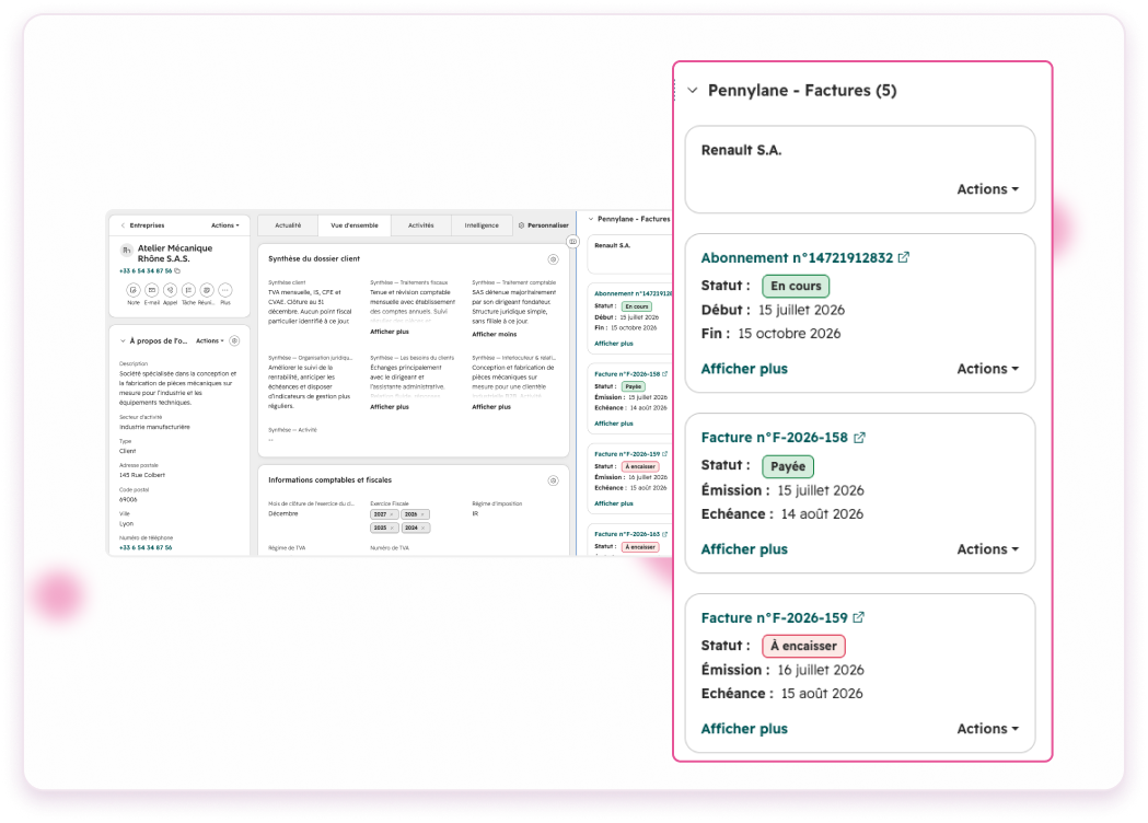 Fiche entreprise HubSpot avec ses abonnements et factures Pennylane