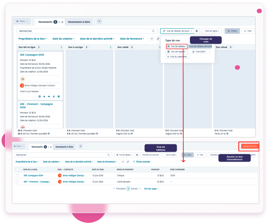 Vues HubSpot d’un pipeline en tableau et en liste, avec le changement de vue mis en évidence