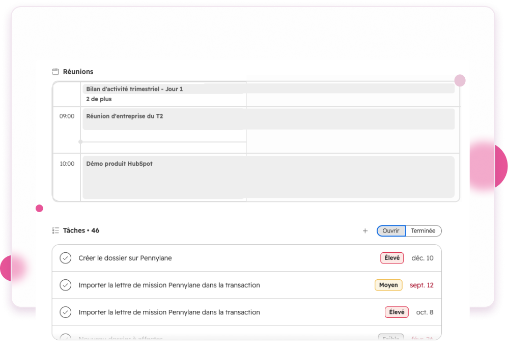Agenda des réunions et liste des tâches d’un collaborateur dans HubSpot