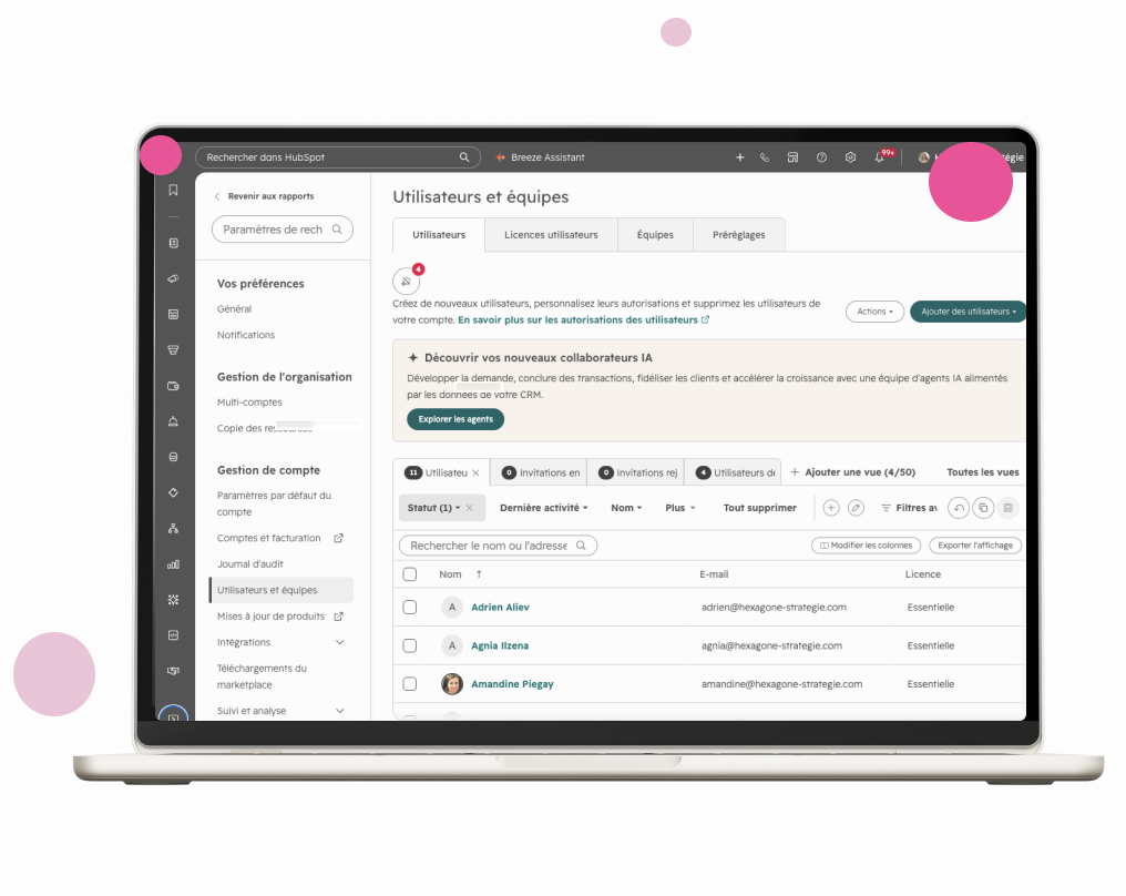 Paramètres « Utilisateurs et équipes » de HubSpot affichés sur un ordinateur portable