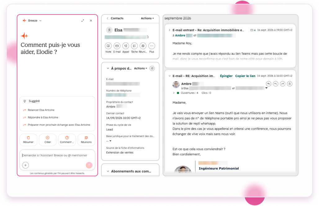 Assistant Breeze ouvert à côté de la fiche d’un client dans HubSpot