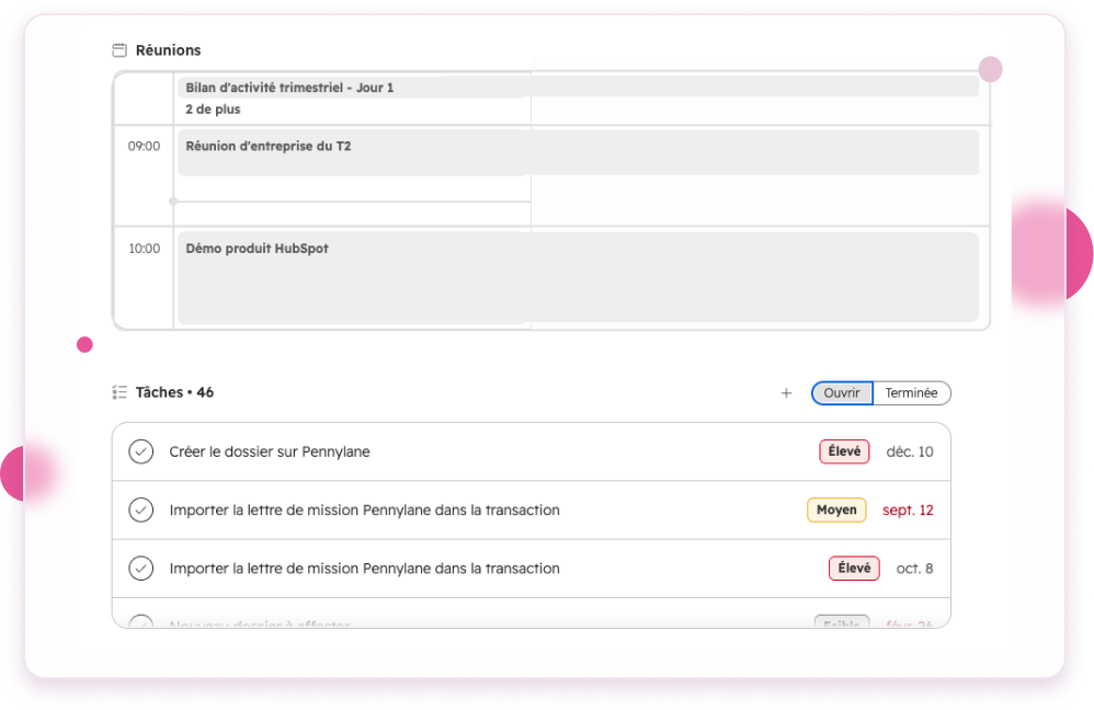 Réunions et tâches d’un collaborateur dans HubSpot, avec leur niveau de priorité