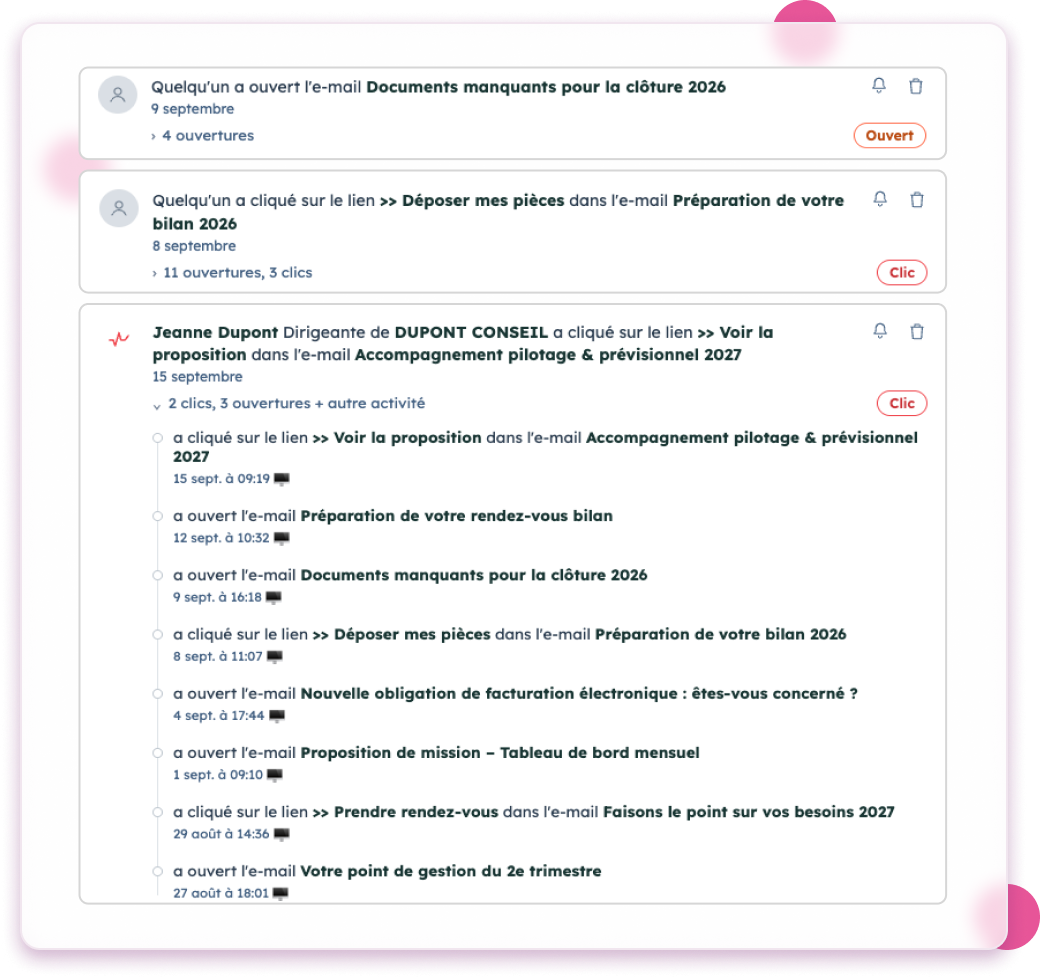 Historique des interactions avec un client dans HubSpot : e-mails ouverts, liens cliqués, documents demandés