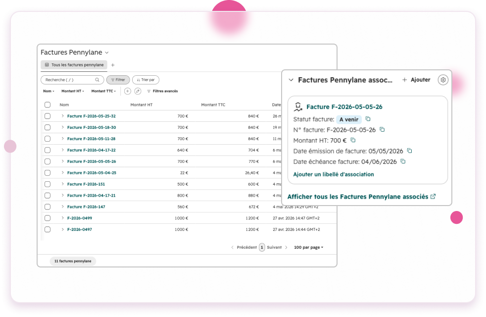 Factures Pennylane remontées dans HubSpot et associées à la fiche client