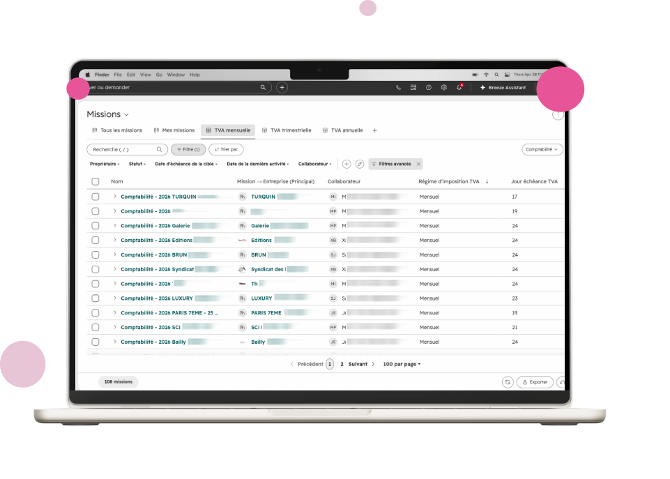Liste des missions d’un cabinet dans HubSpot, affichée sur un ordinateur portable