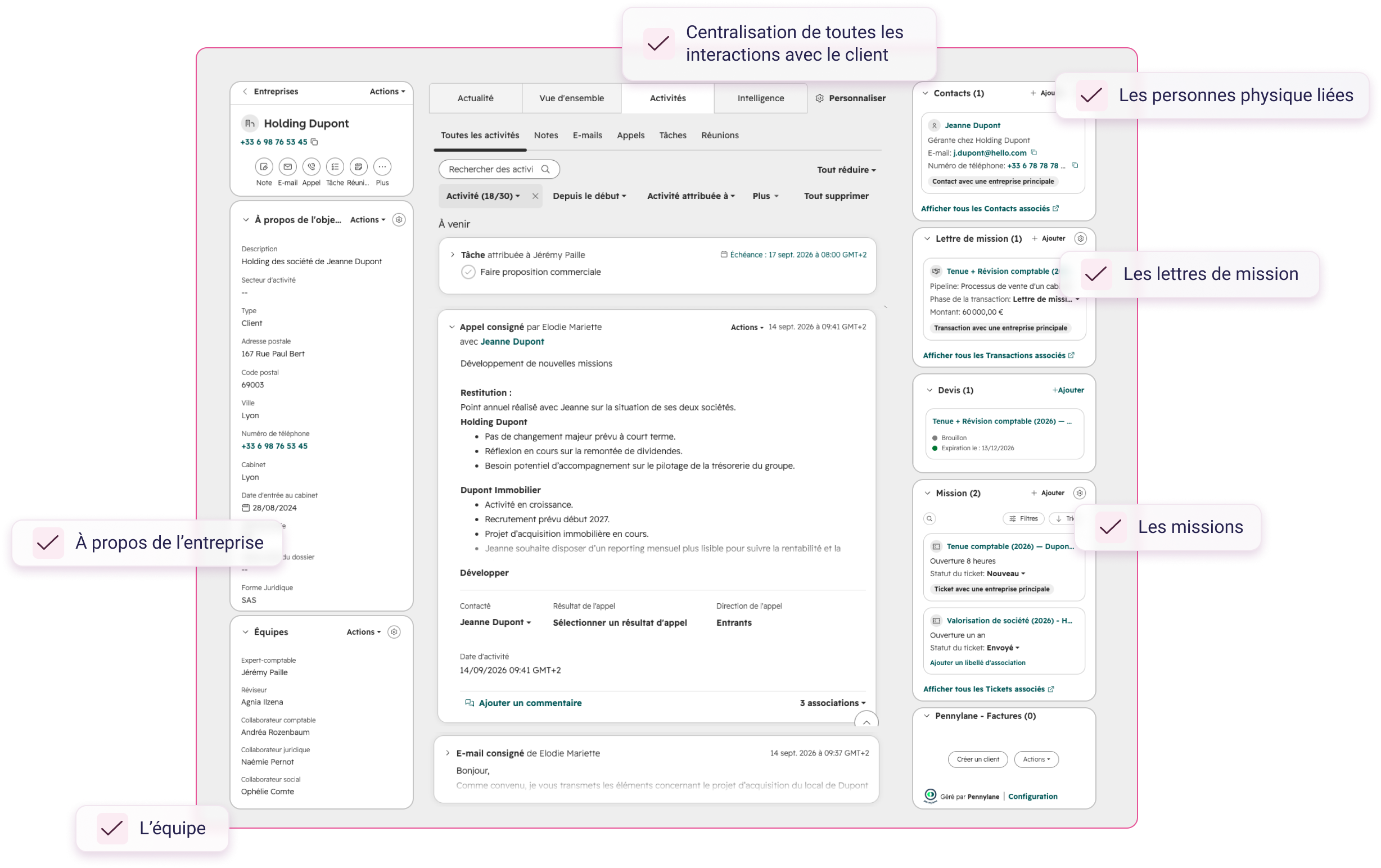Fiche entreprise dans HubSpot : à propos de l’entreprise, équipe, interactions centralisées, personnes physiques liées, lettres de mission et missions
