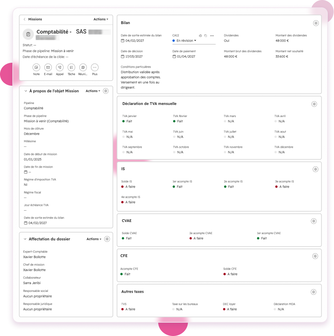 Fiche d’une mission comptable dans HubSpot : pipeline, responsables, échéances et propriétés de suivi
