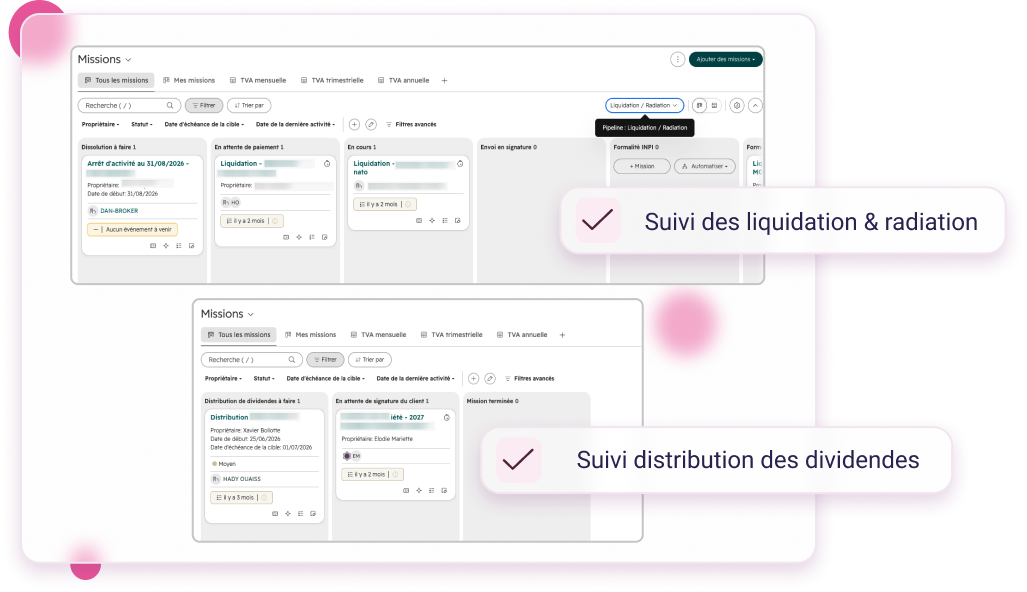 Pipelines de missions dans HubSpot : suivi des liquidations et radiations, suivi de la distribution des dividendes