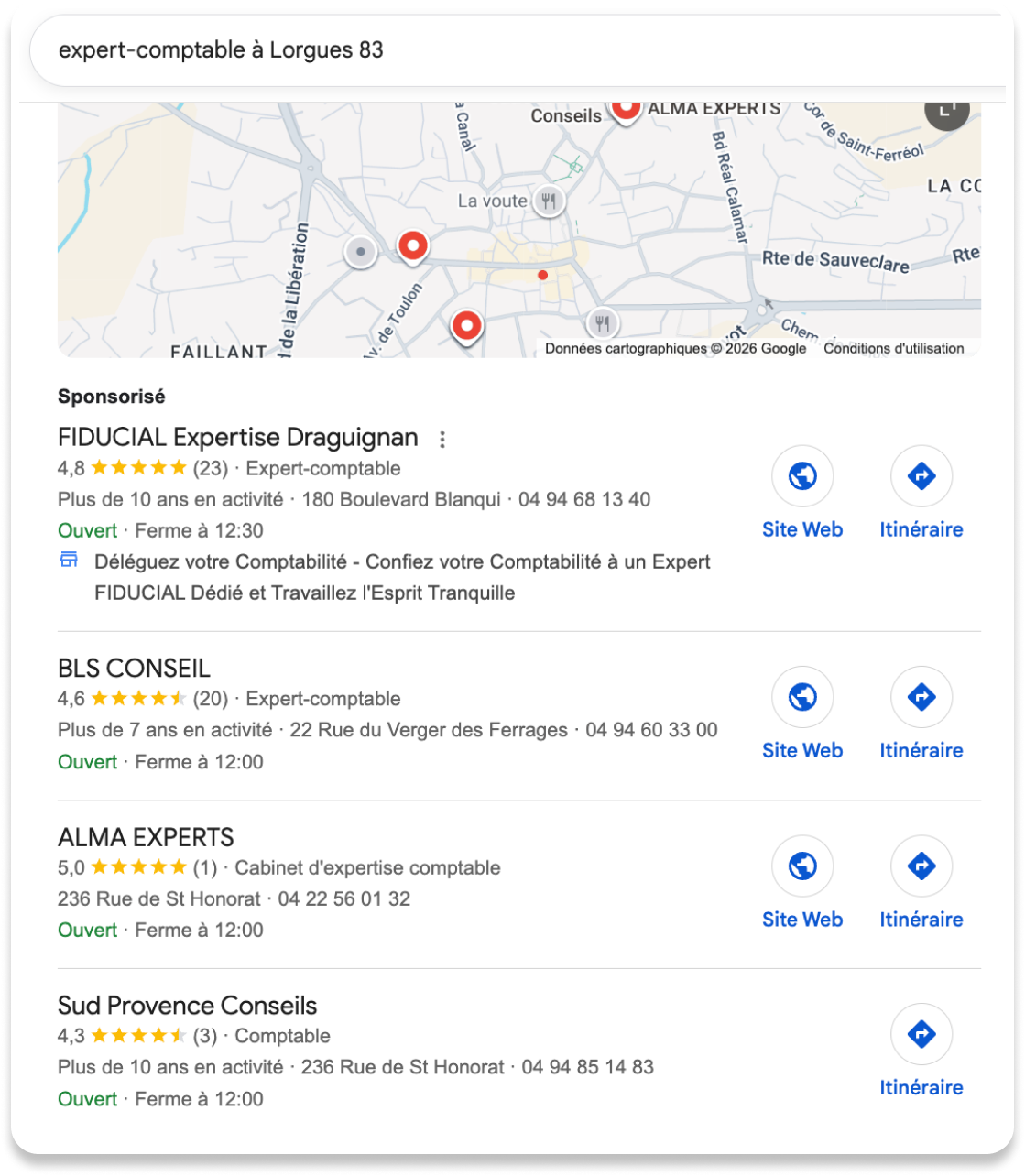 Résultats sponsorisés Google Ads pour un expert-comptable