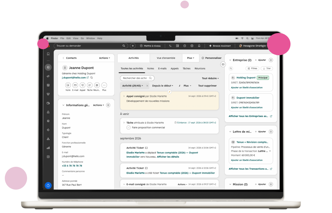 Fiche contact de Jeanne Dupont dans HubSpot, reliée à ses deux sociétés, à ses lettres de mission et à ses missions
