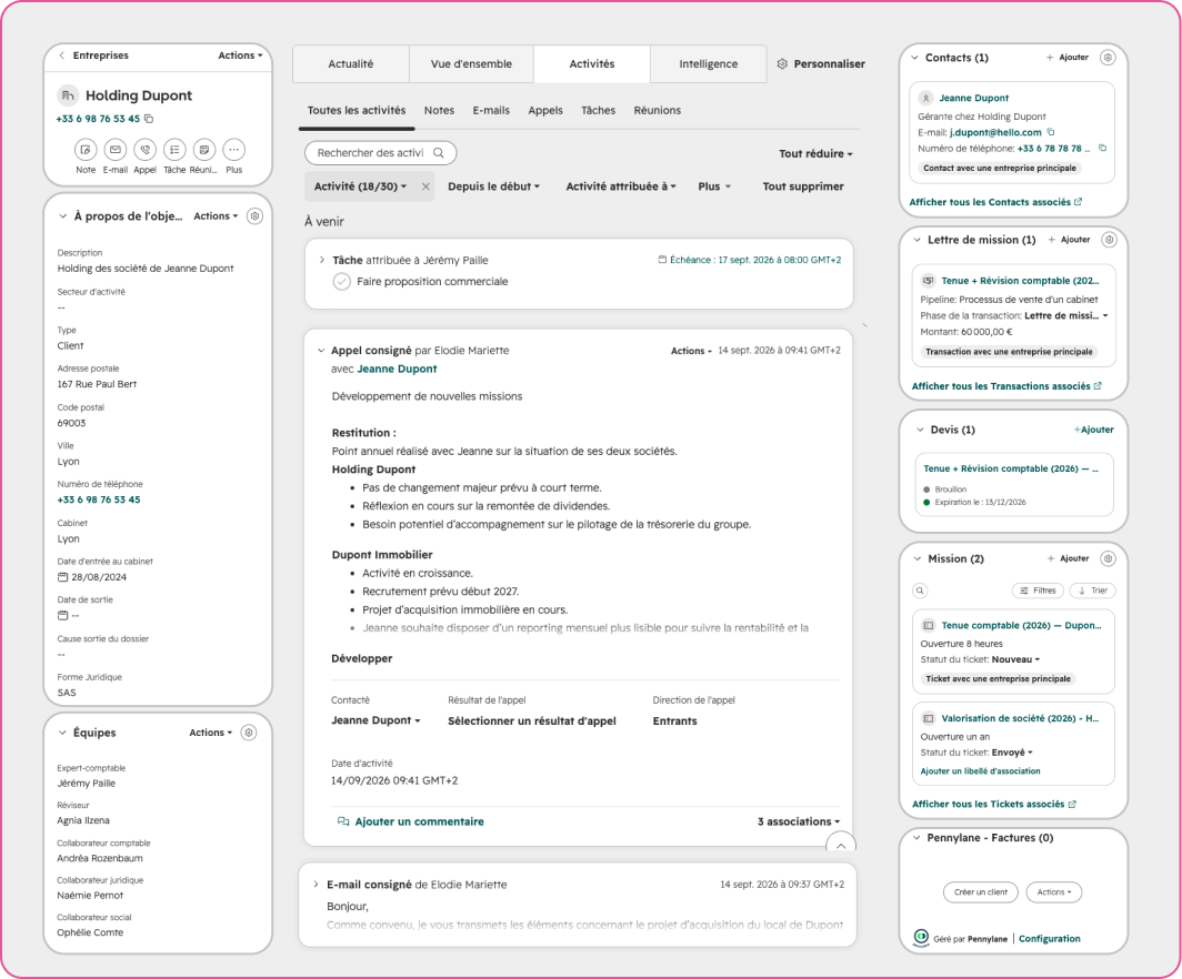 Fiche entreprise HubSpot : activités, contacts, lettres de mission, devis, missions et factures Pennylane