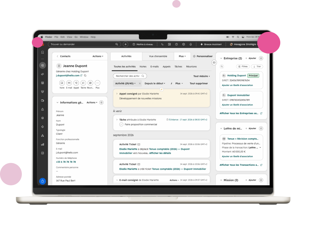 Fiche contact d’un dirigeant dans HubSpot, affichée sur un ordinateur portable